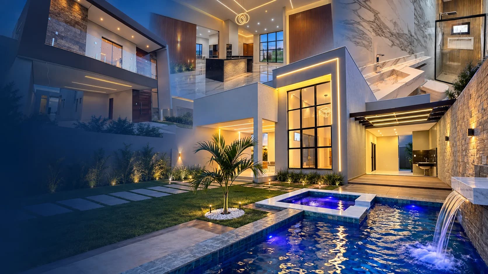 Residência contemporânea ao anoitecer, com fachada iluminada, jardim e piscina, mesclada a interiores com forro iluminado e banheiro em mármore.